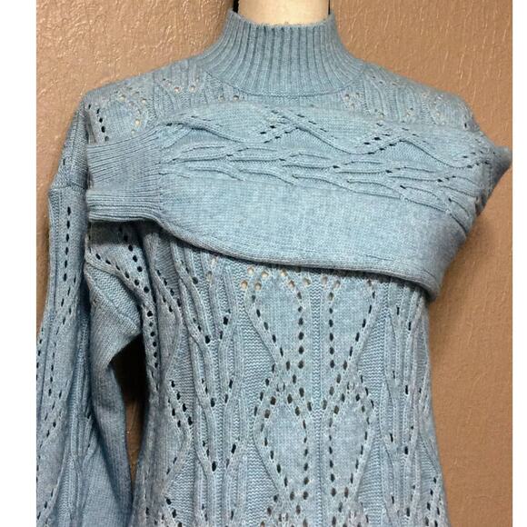 LOFT Women Wool Pointelle Mock Neck Soft Open Knit Sweater Pullover Small Blue - Picture 6 of 11